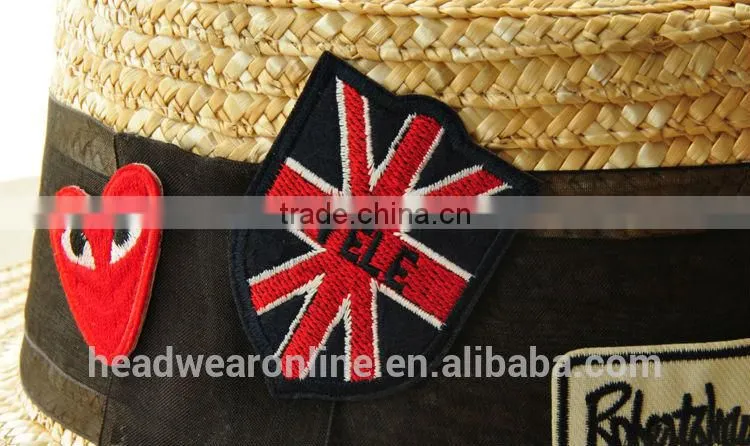 Summer Fashion Custom Union Jack Flag Embroidery Straw Bowler Hats China Factory