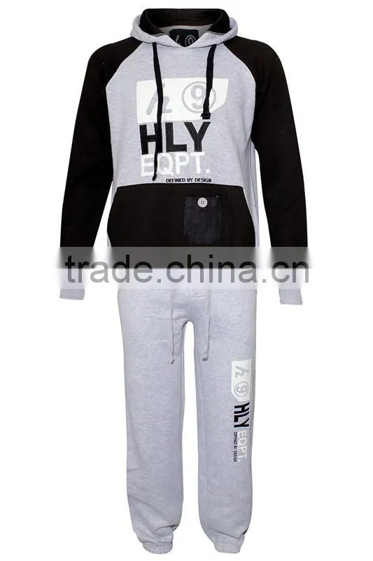 Mens Fleece Print Detailed Hooded Top Bottom Warm Up Jogging Tracksuit