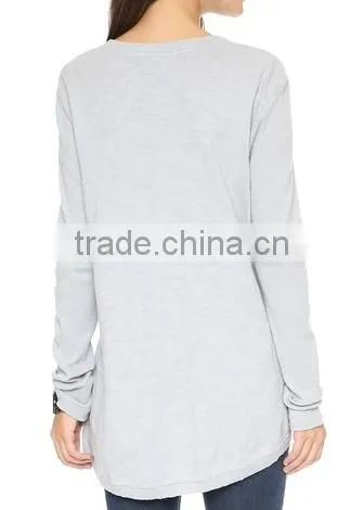 Classic Slubbed jersey 100% cotton V Neck Top long sleeve women t shirt with split asymmetrical hem