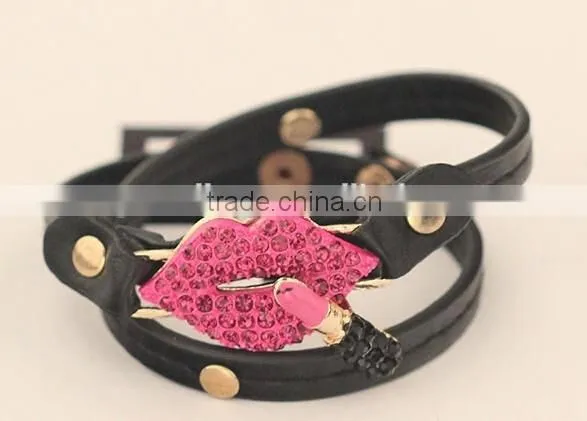 Exaggerated Fashion Red Mouth Lip Leather Gift Personality Charm Bracelet fo Lady
