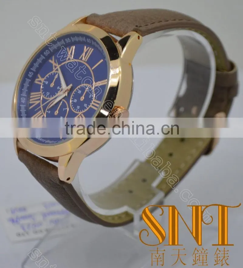 2016 Vogue Navy Sunray Dial With 3 Chrono Eyes Watch, Brown Strap Quartz Watch