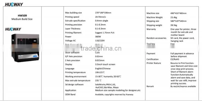 Printer 3d Hueway 3d printer machine Building size 270*190*190 mm 3d printer china