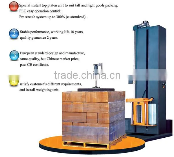 Wrapping machine type motorized top platen pallet wrapping machine