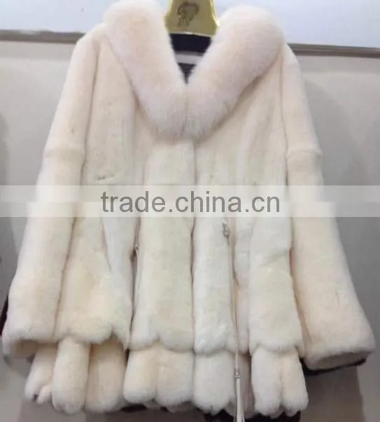 High quality fashion rex rabbit fur coat with fox fur collar for women