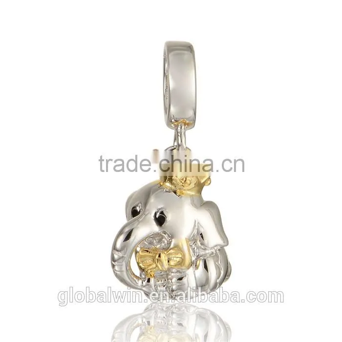 925 Sterling Silver Animal Elephant Slide Gold Plated Charms For European Necklace