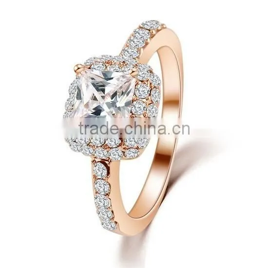 High quality 14k rose gold plated white crystal with big square zircon ladies rings for wedding