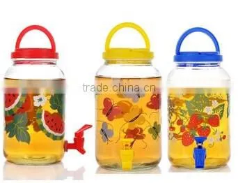 big capacity 3L clear cold drink glass dispenser jar with colored plastic lids