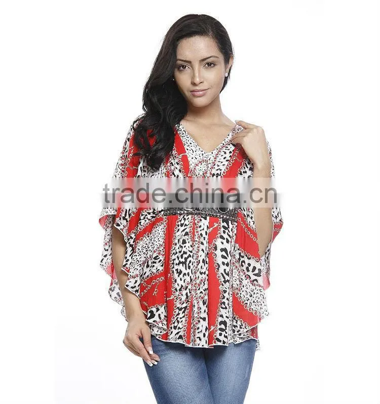 Women V Neck Printed Loose Bat Sleeve Chiffon Blouse