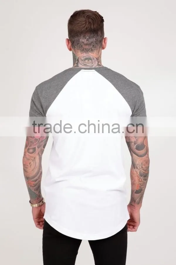 Short Sleeve Raglan Baseball T Shirt for Men Longline Curved Hem Baseball Tee White/Heather Grey Contrast T Shirt