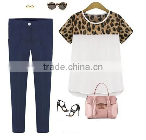 Classic black and white Summer women chiffon leopard stitching clothing plus size,chiffon fabric,t shirt women wear