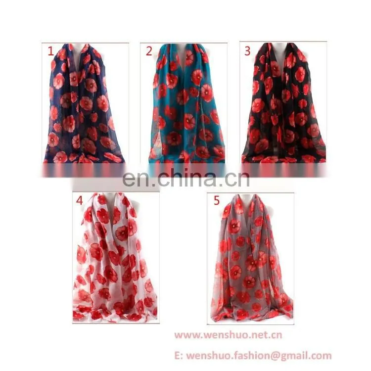 2016 New Long Poppy Flower Printed Woman Voile Scarf Wholesale