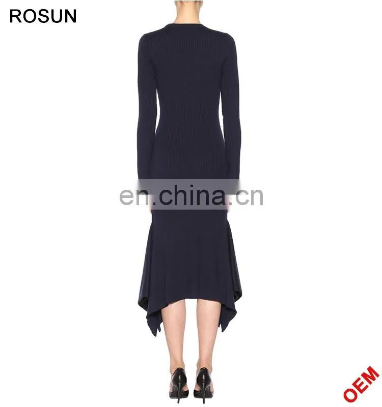 Women Fashion Asymmetric Hem Wool Rib Sweater Dress