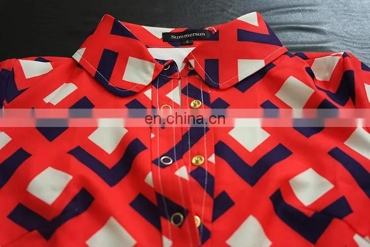 Ladies retro printing red Knitted Cotton shirt style long sleeve lapel dress