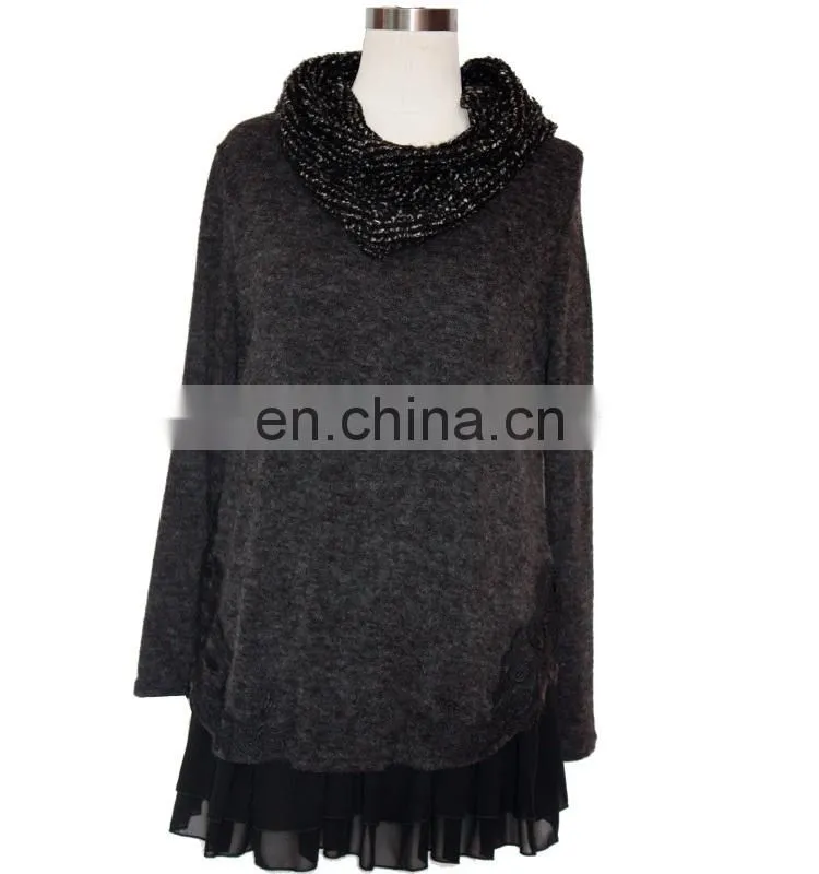 women tunic pure color pleated shirt with embroidery high neck winter causal tunic tops