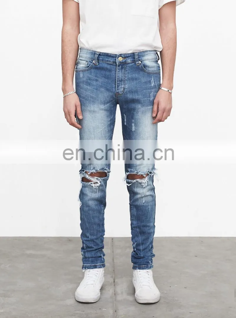 DiZNEW OEM custom USA 98%cotton skinny blue ripped jeans men