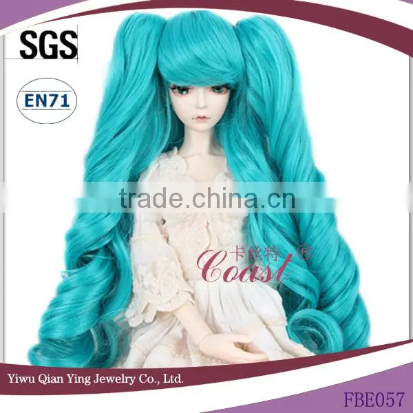 long dark blue synthetic doll wig with two curly clip ponytail