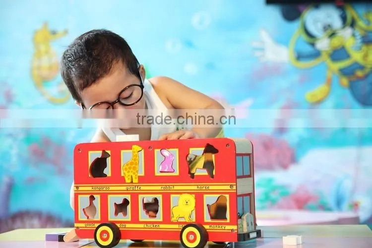 Wooden baby preschool educational animal bus toy,small animal house toy
