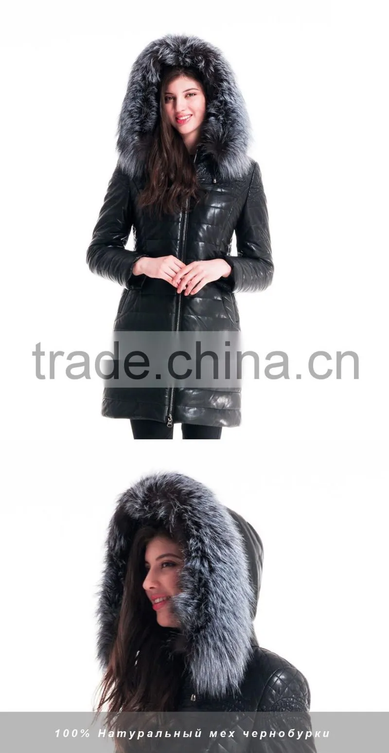 Winter Women Leather Medium Length Slim Fit Embroidered Coat With Brown Fox Hat Clothes