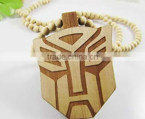 Transformer Hiphop Wood Pendant necklace, 36'' Wooden Beaded Chain