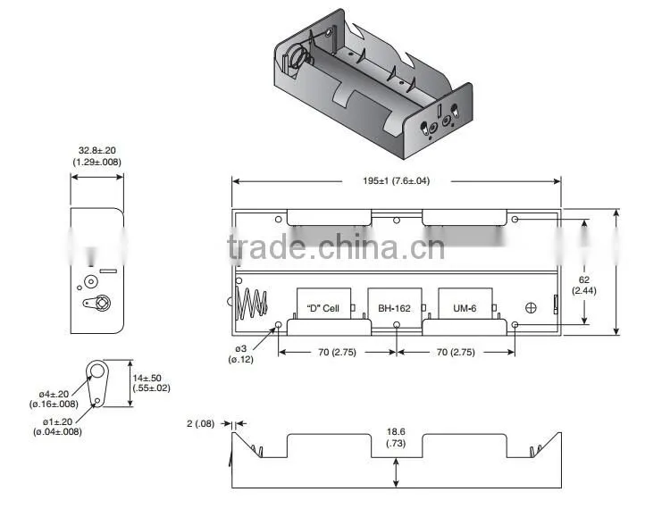 BH162D battery holder , 6 D Battery Holder with SolderTabs, D battery holder