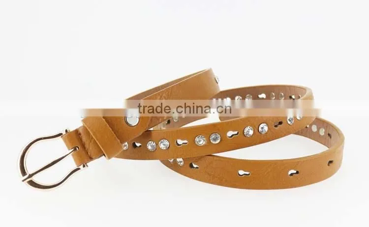 Women's fashion pu leather shiny rhinestone belt with shiny gold buckles in yiwu