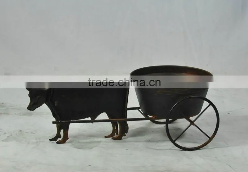 13B746EAA Garden deco ox cart design wrought iron metal flower pot