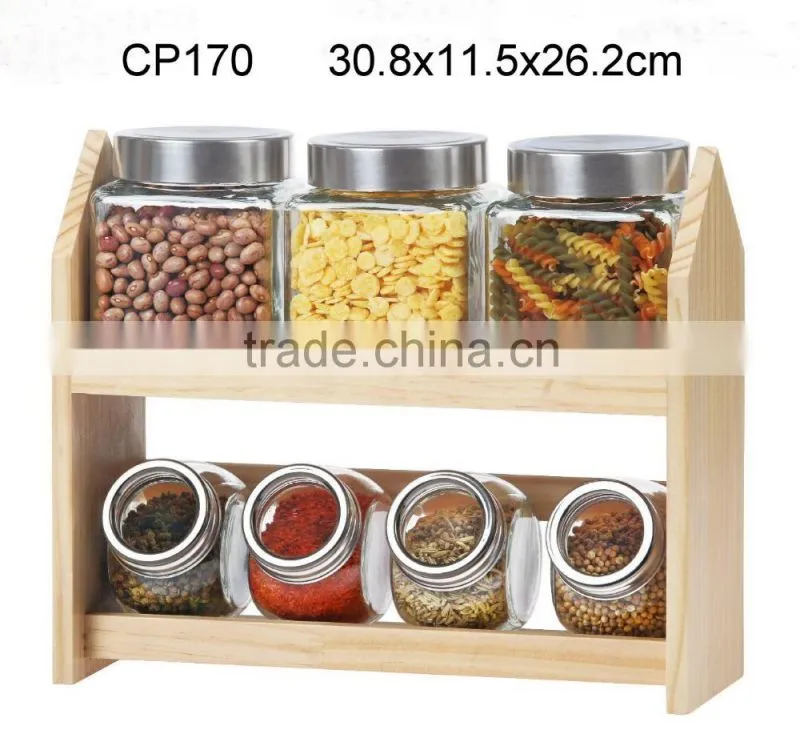 4pcs glass oil vinegar salt pepper set with wooden rack (TW1014)