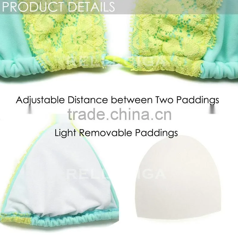 RELLECIGA 2016 Lace Collection -Mint Green + Yellow Floral Lace Bikini Swimsuit with Triangle Top and Brazilian Cut Scrunch Butt