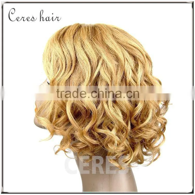 human hair+futura fiber blonde wigs short curly machine made blend material wig