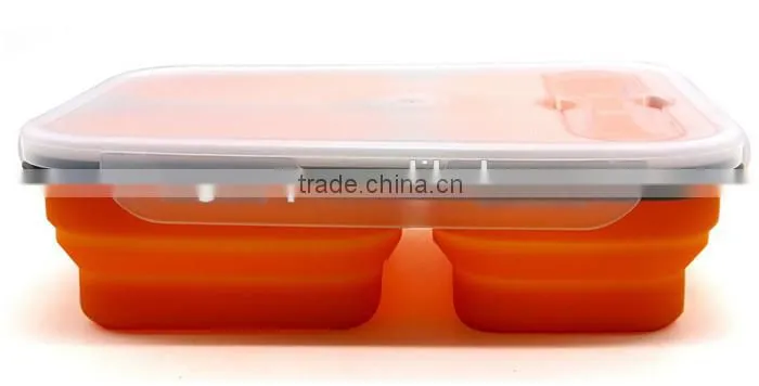 Eco-friendly 100% Food grade 3 compartments collapsible silicone folding lunch box, Microwave orange silicone folding lunch box