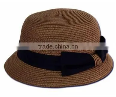 Womens 100% Paper Straw Ribbon Bow Accent Cloche Bucket Bell Summer Hat