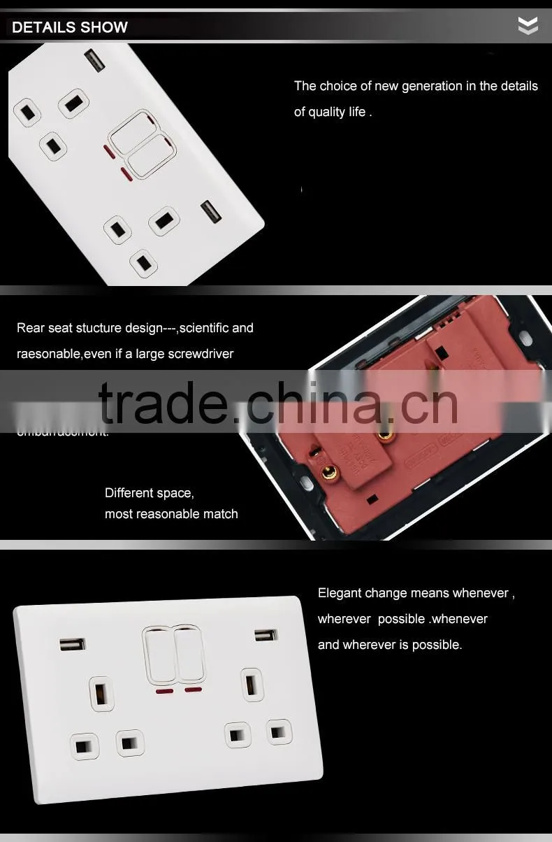 British standard 13a multi double 3 pin 2 gang wall switch socket with 2 usb outlet