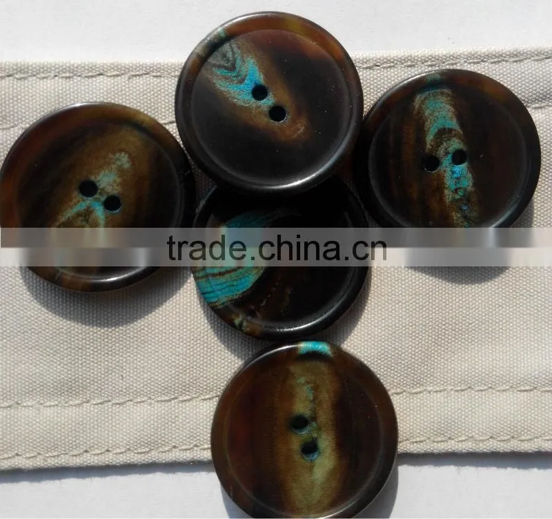 Fancy 2 Holes 36L Natural Dying Grain Blue Color Top Class Buffalo Horn Suit Button With Rim