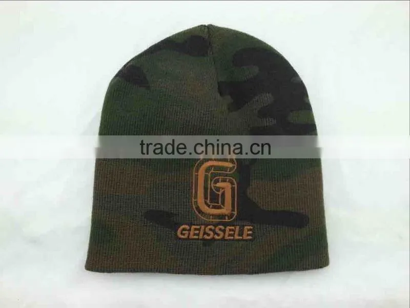 Custom camo printing knitted hats with 3d embroidery winter hat