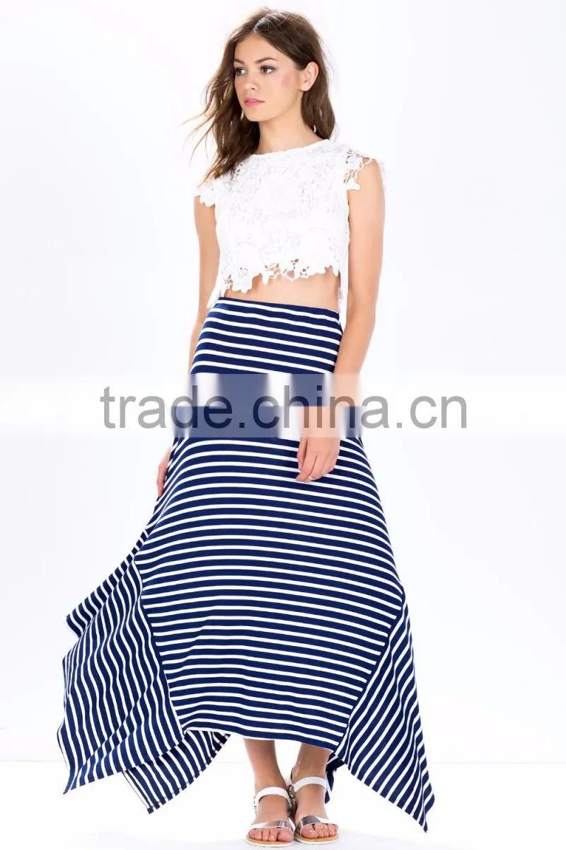 2015 Wholesale fashion design women stripe long skirt asymmetrical high waist maxi long skirt for women