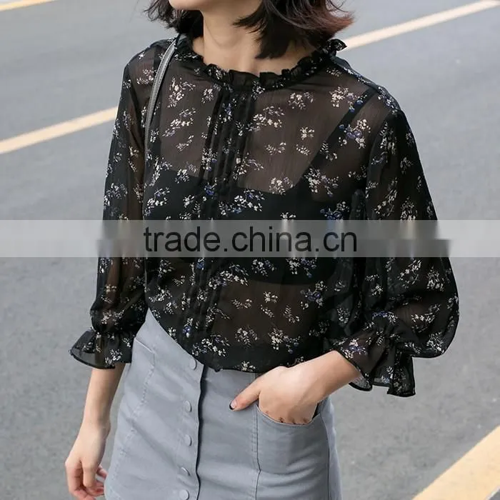 2017 Fashion Womens Puff Sleeve Chiffon Printed Blouse Designs Ladies Fashion Elegant Shirts Blouse