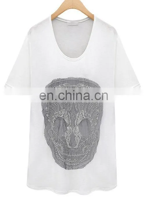 Fashion women sexy deep U neck applique summer T-shirt