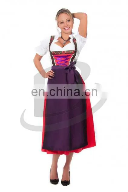 Classical Women Long Dirndl Dress Short Sleeve Maid Dress Long Three Piece Dress for Bavaria Party (Oktoberfest Garments)