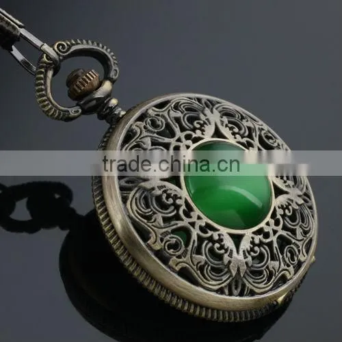 Unisex Green Gem Hollow Case White Dial Pocket Watch WP087