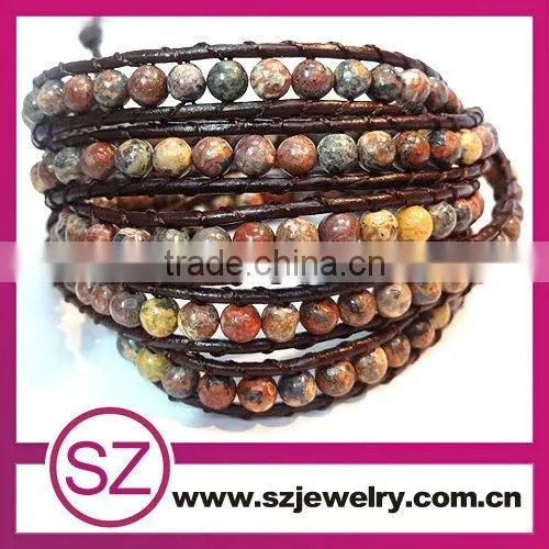 2013 fashion jewelry 5 wrap gemstone bead leather bracelet