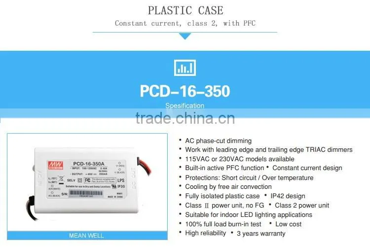 Meanwell 16W 350mA AC phase-cut dimming led driver/16W Single Output AC Dimmable LED Power Supply /16w led driver