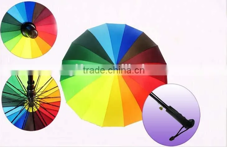 23"*16K auto open Straight rainbow Umbrella with wooden shaft and handle