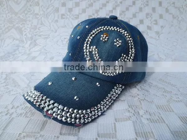 Distressed Denim Baseball Cap With Diamond
