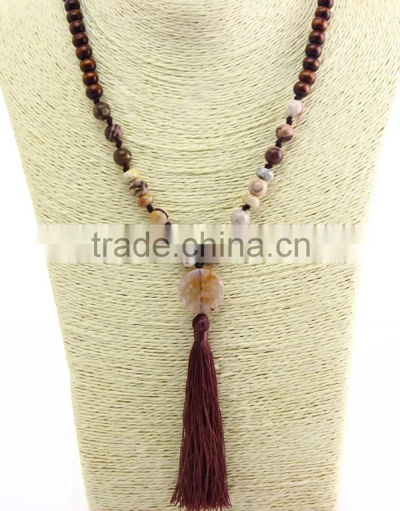 unisex women wooden beaded necklace gemstone pendant necklace with tassel