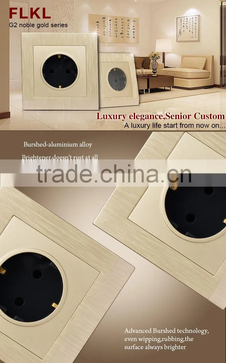 European standard luxury style gold pc panel 2 pole pin socket outlet and plug