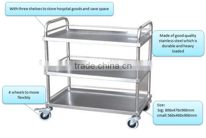 3 Layers Silver Stainless Steel Medical Trolley Treatment Cart Hospital Cart with 4 Wheels