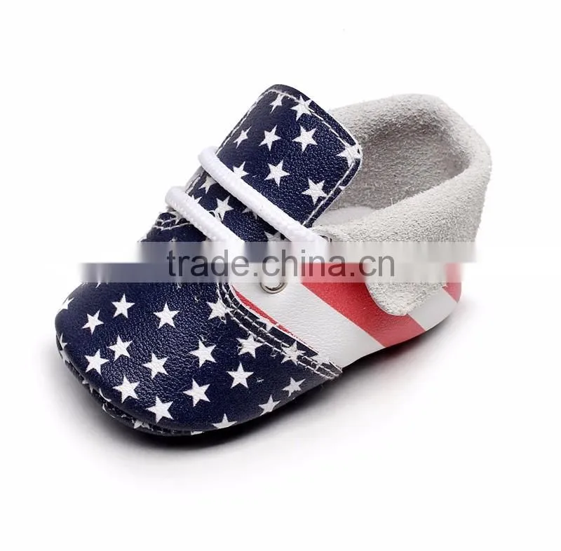 2017 New designs genuine leather usa flag baby moccasins high heel baby girl shoes with air hole