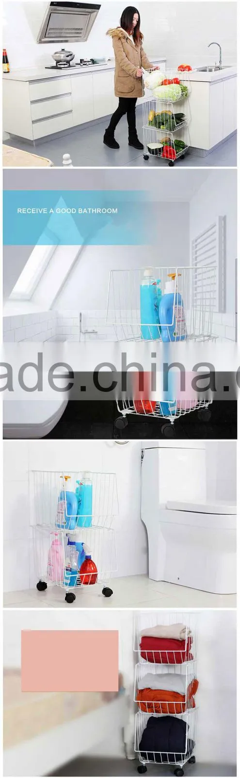 Kitchen Steel Wire Utility Cart Storage 3 Tier Shelf Rolling Wheels Basket