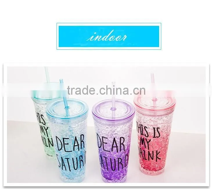 beautiful double wall plastic drinking mug with straw summer ice cup