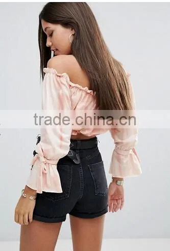 Sexy blouse designs pale pink tie dye print off-shoulder women tops blouse